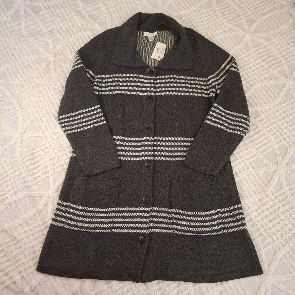 Christopher & Banks Womens XL Gray Striped Button Front Long Cardigan Sweater